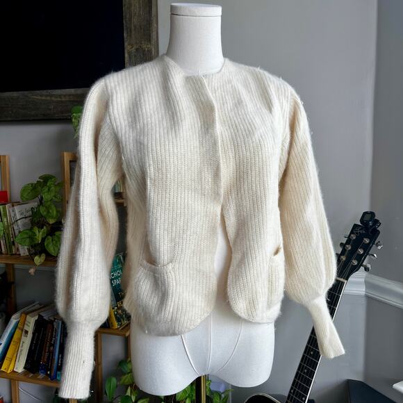 Vintage 80s Open Front White Wool Angora Cardigan Sweater Size Medium - Picture 1 of 6